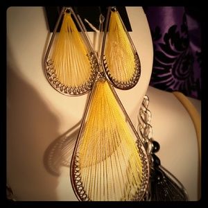 Silver/yellow string art earrings and pendant
